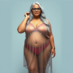 An alluring full-body view of a 60-year-old Indian plus-size woman, beautifully embracing her curves