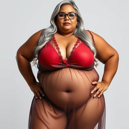 An alluring full-body view of a 60-year-old Indian plus-size woman, beautifully embracing her curves