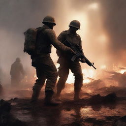 A high-quality digital art image depicting a soldier helping another soldier to stand up amidst a battlefield