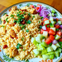 A beautifully arranged plate of chicken biryani, featuring fluffy basmati rice mixed with tender pieces of marinated chicken, aromatic spices, and garnished with fresh cilantro and fried onions