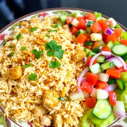 A beautifully arranged plate of chicken biryani, featuring fluffy basmati rice mixed with tender pieces of marinated chicken, aromatic spices, and garnished with fresh cilantro and fried onions