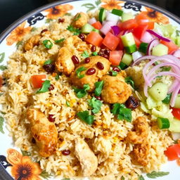 A beautifully arranged plate of chicken biryani, featuring fluffy basmati rice mixed with tender pieces of marinated chicken, aromatic spices, and garnished with fresh cilantro and fried onions