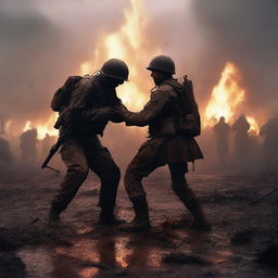 A high-quality digital art image depicting a soldier helping another soldier to stand up amidst a battlefield