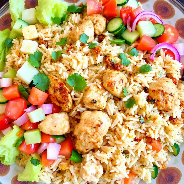 A beautifully arranged plate of chicken biryani, featuring fluffy basmati rice mixed with tender pieces of marinated chicken, aromatic spices, and garnished with fresh cilantro and fried onions