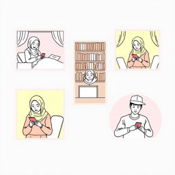 A scene featuring five university students, each in different locations: two students in separate bedrooms, one student in a library, one in a cozy living room, and the fifth student in a classroom