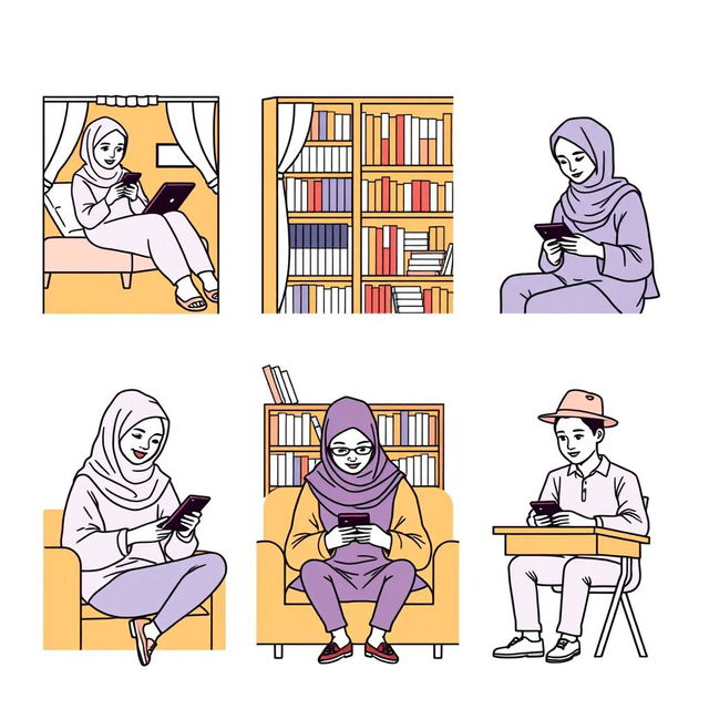 A scene featuring five university students, each in different locations: two students in separate bedrooms, one student in a library, one in a cozy living room, and the fifth student in a classroom