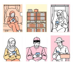 A scene featuring five university students, each in different locations: two students in separate bedrooms, one student in a library, one in a cozy living room, and the fifth student in a classroom