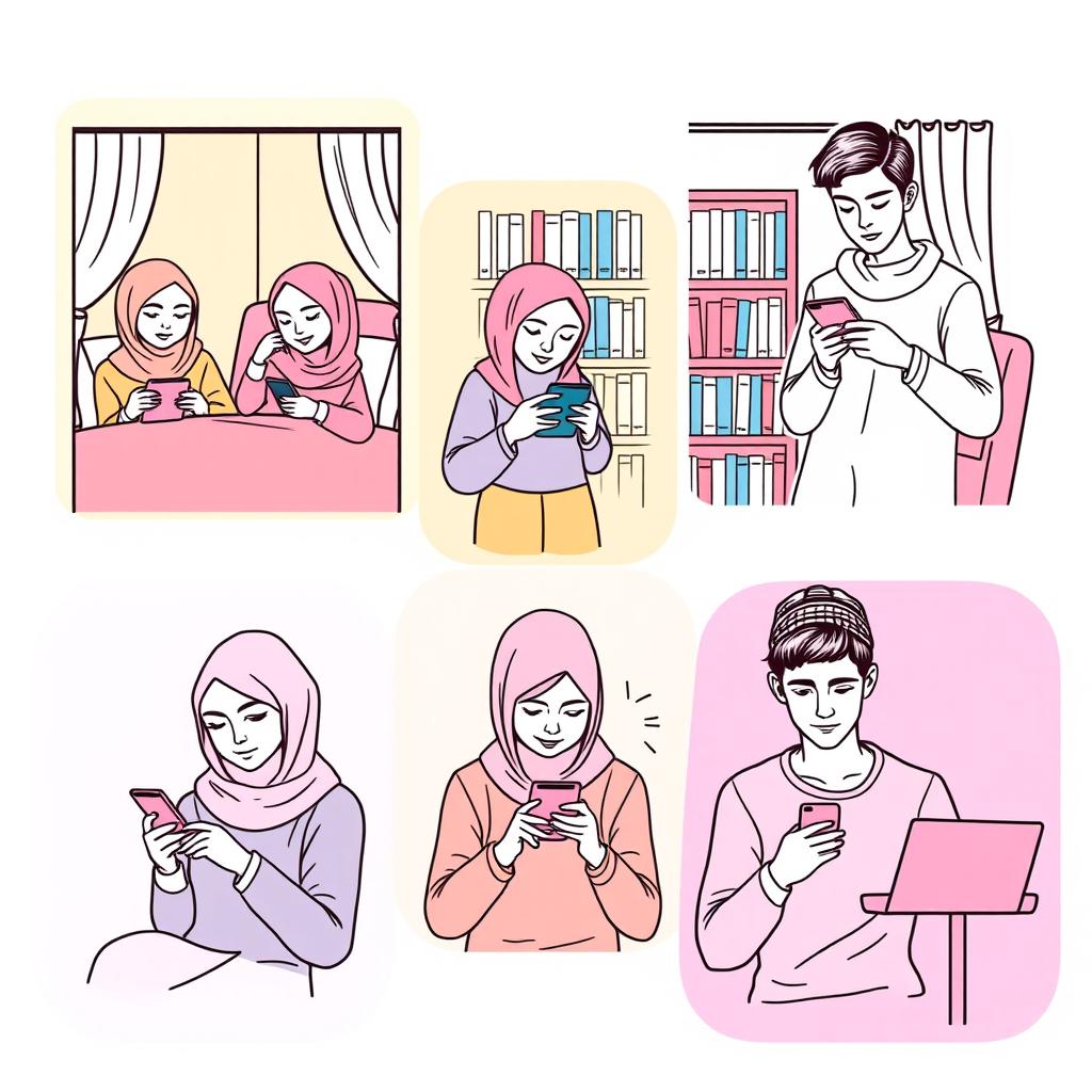 A scene featuring five university students, each in different locations: two students in separate bedrooms, one student in a library, one in a cozy living room, and the fifth student in a classroom