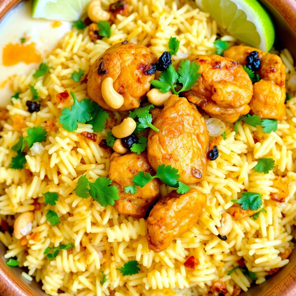 A flavorful serving of chicken biryani, showcasing fluffy basmati rice interspersed with succulent pieces of marinated chicken, infused with aromatic spices such as saffron, cardamom, and cloves