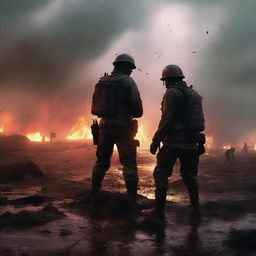 A high-quality digital art image depicting a soldier helping another soldier to stand up amidst a battlefield