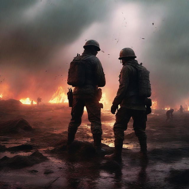 A high-quality digital art image depicting a soldier helping another soldier to stand up amidst a battlefield