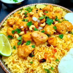 A flavorful serving of chicken biryani, showcasing fluffy basmati rice interspersed with succulent pieces of marinated chicken, infused with aromatic spices such as saffron, cardamom, and cloves