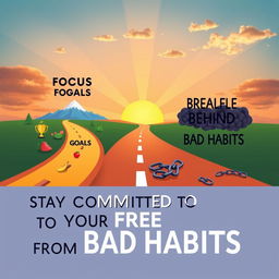 A visually inspiring and motivating poster design featuring a roadmap to personal goals and good habits