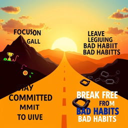 A visually inspiring and motivating poster design featuring a roadmap to personal goals and good habits