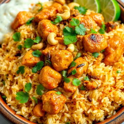 A flavorful serving of chicken biryani, showcasing fluffy basmati rice interspersed with succulent pieces of marinated chicken, infused with aromatic spices such as saffron, cardamom, and cloves