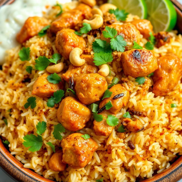 A flavorful serving of chicken biryani, showcasing fluffy basmati rice interspersed with succulent pieces of marinated chicken, infused with aromatic spices such as saffron, cardamom, and cloves