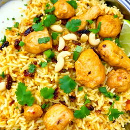 A flavorful serving of chicken biryani, showcasing fluffy basmati rice interspersed with succulent pieces of marinated chicken, infused with aromatic spices such as saffron, cardamom, and cloves