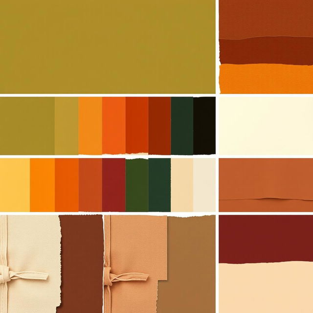 A visually appealing color palette featuring a harmonious blend of the following colors: Olive Green, Taupe, Burnt Orange, Brown, Rust, Mustard, Terracotta, Cream, Forest Green, Charcoal, Sienna, Camel, Burgundy, Stone Grey, and Warm Beige