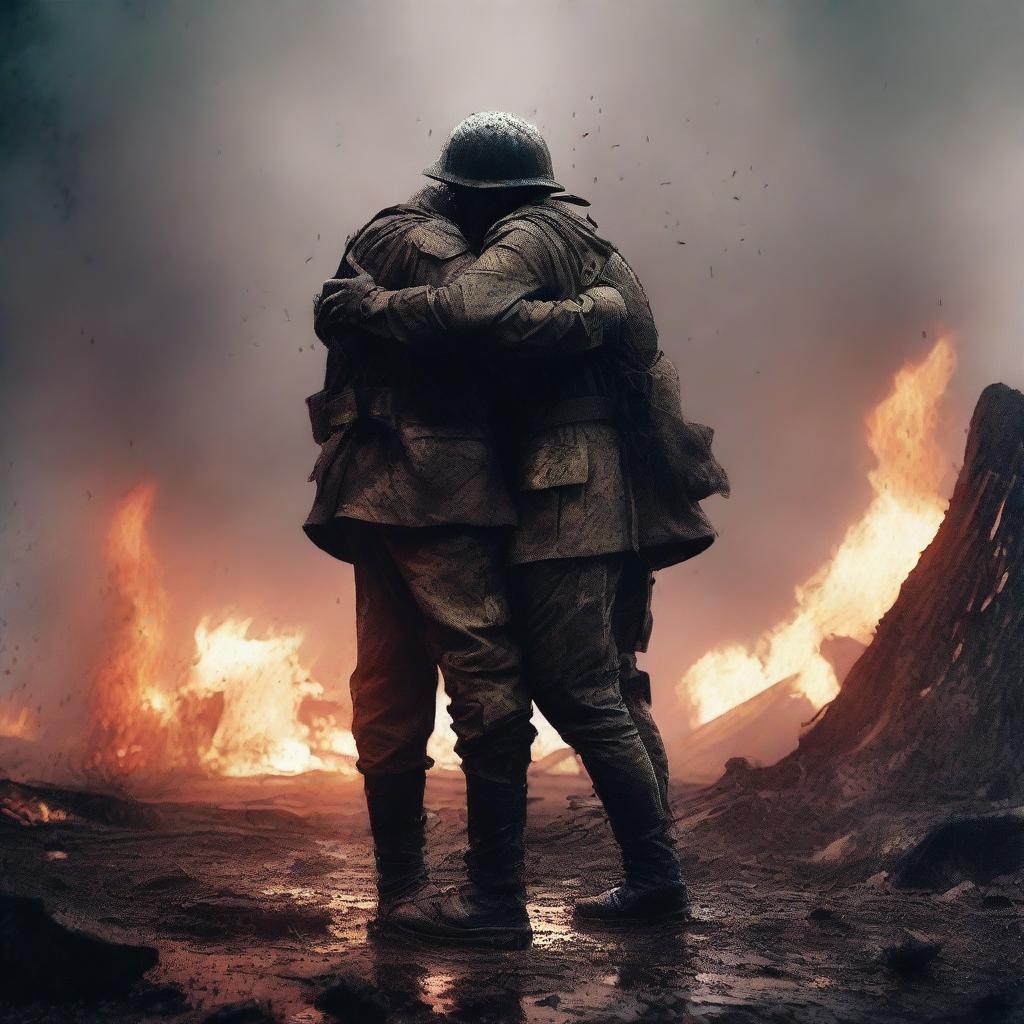 A high-quality digital art image capturing a poignant moment of a soldier embracing another soldier on a battlefield