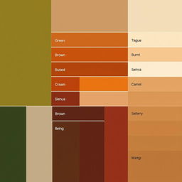 A visually appealing color palette featuring a harmonious blend of the following colors: Olive Green, Taupe, Burnt Orange, Brown, Rust, Mustard, Terracotta, Cream, Forest Green, Charcoal, Sienna, Camel, Burgundy, Stone Grey, and Warm Beige