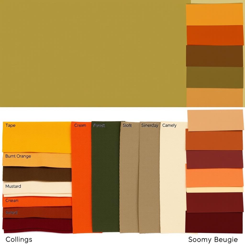 A visually appealing color palette featuring a harmonious blend of the following colors: Olive Green, Taupe, Burnt Orange, Brown, Rust, Mustard, Terracotta, Cream, Forest Green, Charcoal, Sienna, Camel, Burgundy, Stone Grey, and Warm Beige