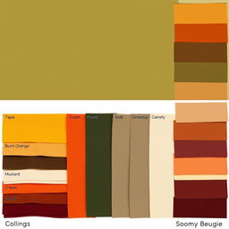 A visually appealing color palette featuring a harmonious blend of the following colors: Olive Green, Taupe, Burnt Orange, Brown, Rust, Mustard, Terracotta, Cream, Forest Green, Charcoal, Sienna, Camel, Burgundy, Stone Grey, and Warm Beige