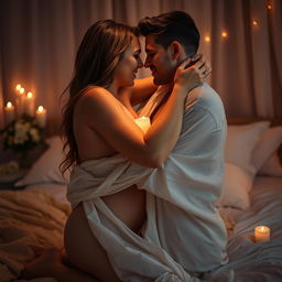 A sensual and intimate couple in a softly lit bedroom, embracing each other passionately