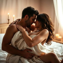 A sensual and intimate couple in a softly lit bedroom, embracing each other passionately