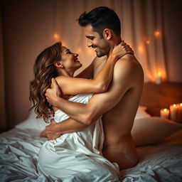 A sensual and intimate couple in a softly lit bedroom, embracing each other passionately