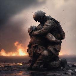 A high-quality digital art image capturing a poignant moment of a soldier embracing another soldier on a battlefield