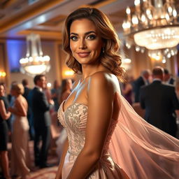 A stunning, attractive woman with striking features, wearing a glamorous evening gown that flows elegantly around her, standing in a luxurious ballroom setting