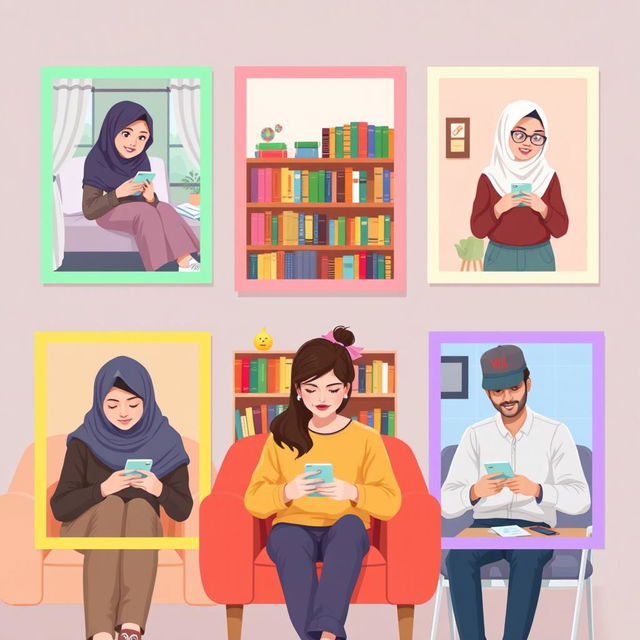 A scene depicting five university students in diverse locations: two students in separate bedrooms, one in a library filled with books, one relaxing in a cozy living room, and another in a classroom setting