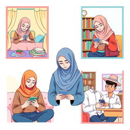 A scene depicting five university students in diverse locations: two students in separate bedrooms, one in a library filled with books, one relaxing in a cozy living room, and another in a classroom setting