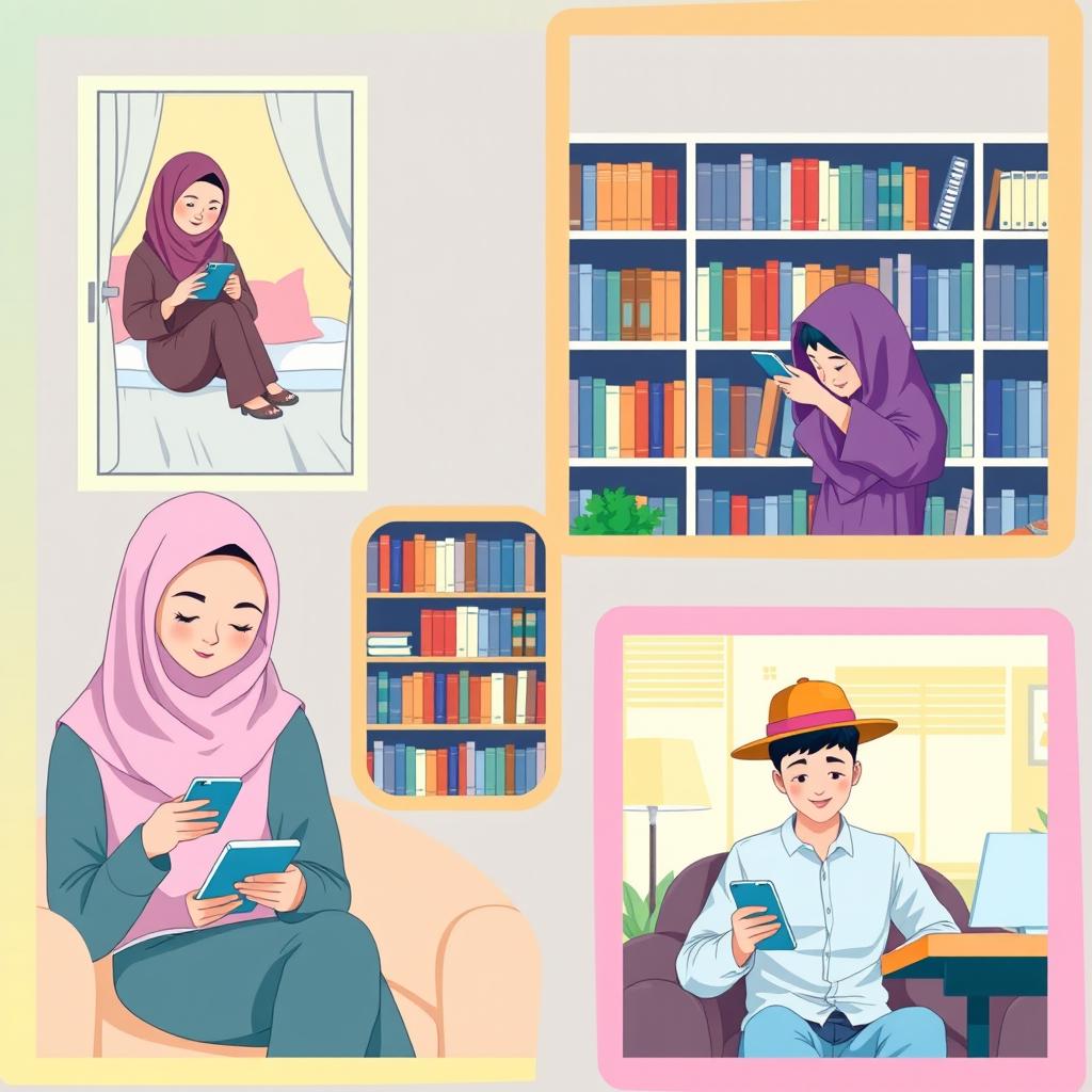 A scene depicting five university students in diverse locations: two students in separate bedrooms, one in a library filled with books, one relaxing in a cozy living room, and another in a classroom setting
