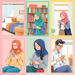 A scene depicting five university students in diverse locations: two students in separate bedrooms, one in a library filled with books, one relaxing in a cozy living room, and another in a classroom setting