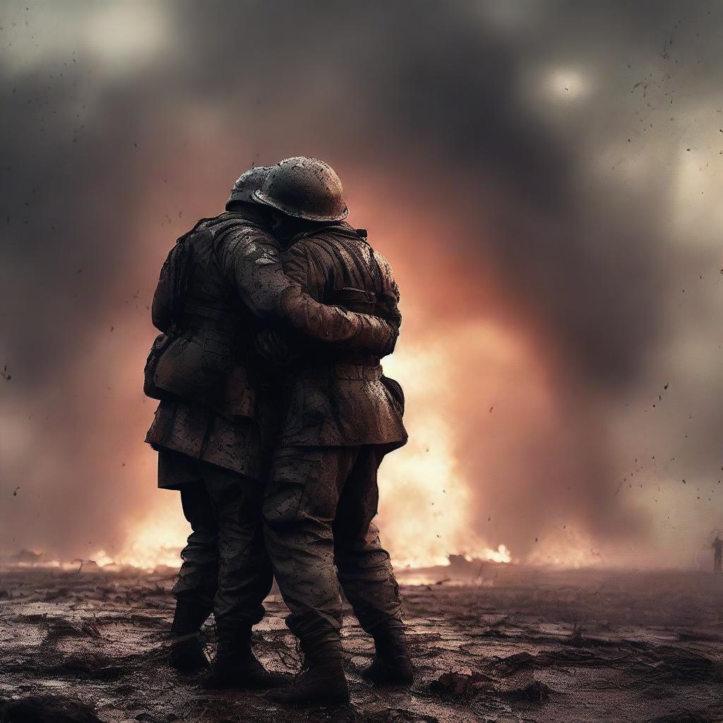 A high-quality digital art image capturing a poignant moment of a soldier embracing another soldier on a battlefield