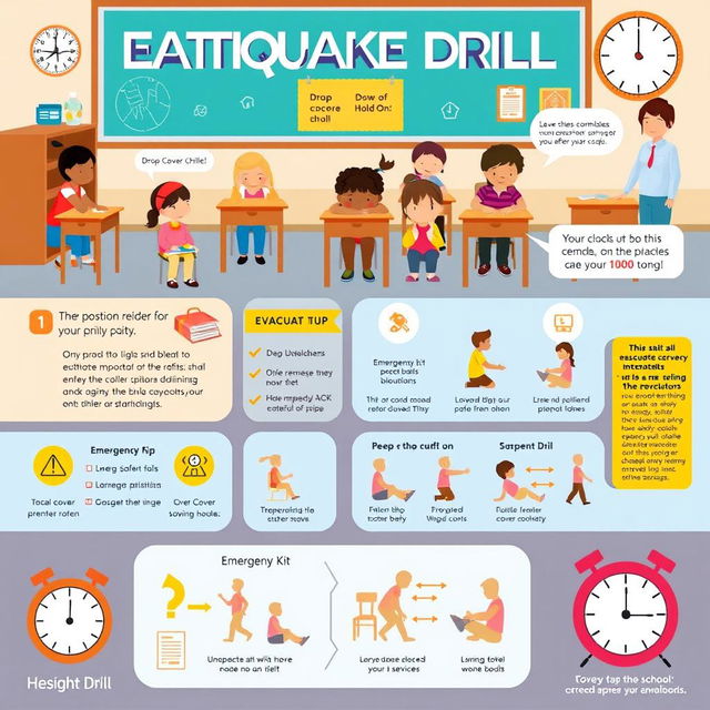 An informative infographic showcasing an earthquake drill scenario in a school