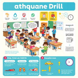 An informative infographic showcasing an earthquake drill scenario in a school