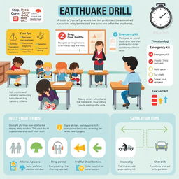 An informative infographic showcasing an earthquake drill scenario in a school