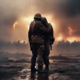 A high-quality digital art image capturing a poignant moment of a soldier embracing another soldier on a battlefield