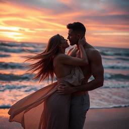 A romantic and sexy scene featuring a couple intimately embracing on a beautiful sunset beach, with waves gently crashing in the background