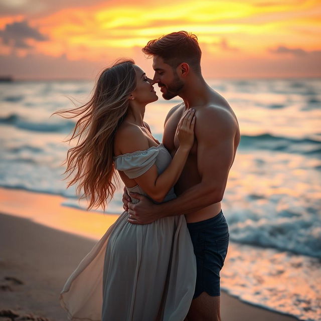 A romantic and sexy scene featuring a couple intimately embracing on a beautiful sunset beach, with waves gently crashing in the background