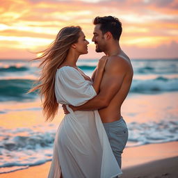 A romantic and sexy scene featuring a couple intimately embracing on a beautiful sunset beach, with waves gently crashing in the background