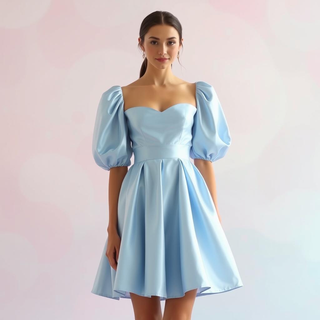 A stunning light blue satin dress with a puffy puff sleeve bodice and a flared cloche skirt, showcasing the elegance of a modern design