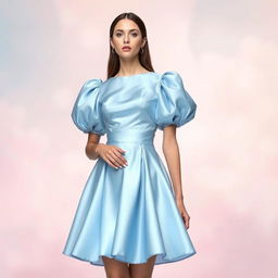 A stunning light blue satin dress with a puffy puff sleeve bodice and a flared cloche skirt, showcasing the elegance of a modern design