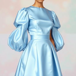 A stunning light blue satin dress with a puffy puff sleeve bodice and a flared cloche skirt, showcasing the elegance of a modern design