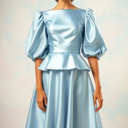 A stunning light blue satin dress with a puffy puff sleeve bodice and a flared cloche skirt, showcasing the elegance of a modern design