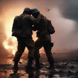 A high-quality digital art image capturing a poignant moment of a soldier embracing another soldier on a battlefield