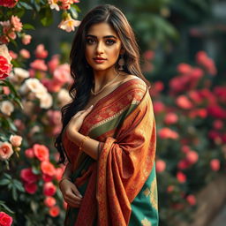 A stunning woman elegantly draped in a traditional saree, exuding sensuality and grace