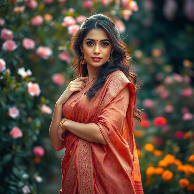 A stunning woman elegantly draped in a traditional saree, exuding sensuality and grace